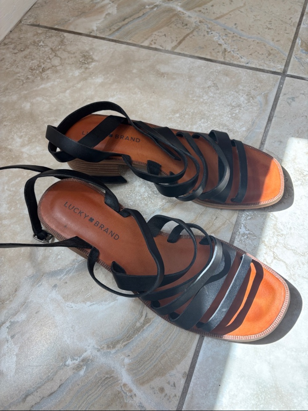 Lucky Brand Black Leather Strappy Ankle Wrap Sandals